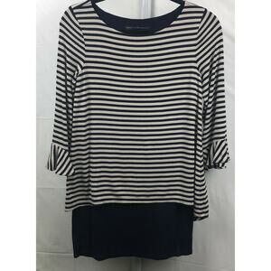 White House Black Market Top Women XS Blue Beige Stripe Layered Tunic Stretch